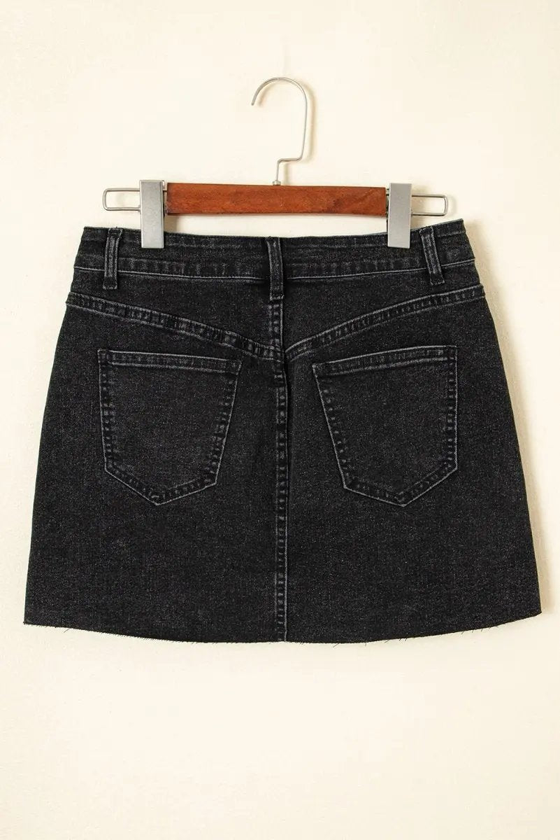 Carbon Grey Mineral Wash Ripped Raw Hem Denim Mini Skirt - Love Salve